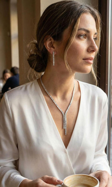 Gümüş Renk Baget Zirkon Taşlı Kadın Kolye Küpe Set