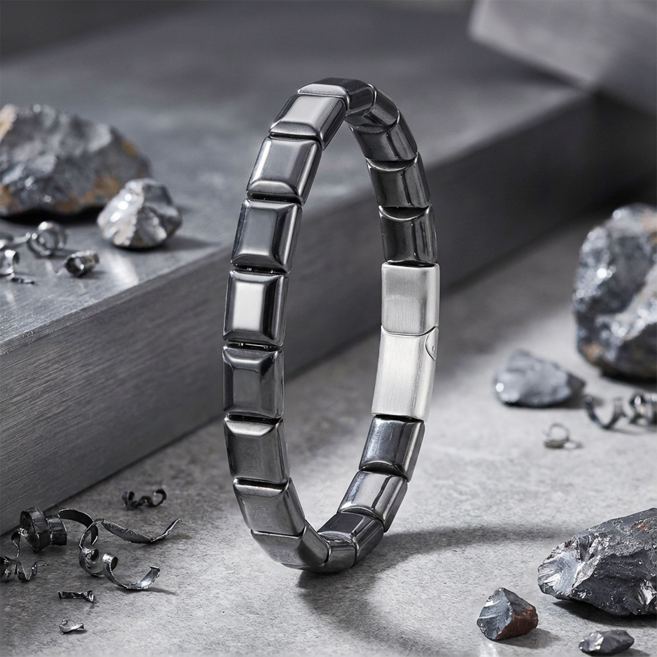 Kare Hematit Doğaltaşlı Çelik Halat Ve Klips Bileklik